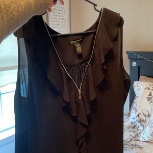 Black Ruffle Chiffon Top With Zipper Front